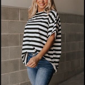 Ampersand Boyfriend Tee- Seeing Stripes Striped Black and White Women's Top